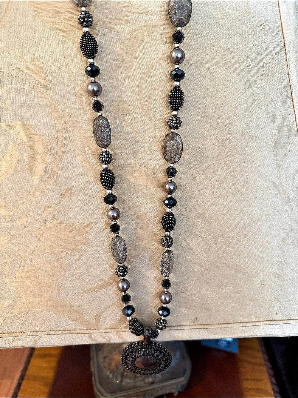 Premier Beaded Statement Pendant Necklace in Black & Gray Like New